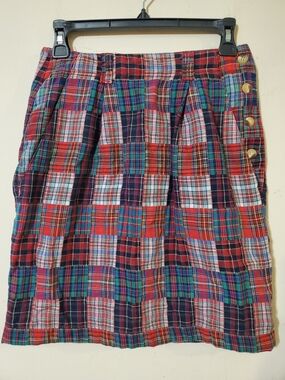 Vintage Madras Plaid Patchwork Button Accent  Skirt w/ Pockets 90s Cabincore